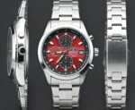 orient men's quartz chronograph watch red dial stainless steel band 100m waterproof sport wristwatch