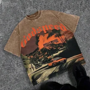 1pc men's washed vintage crewneck t shirt, 100% cotton 230gsm, godspeed highway car print, retro
