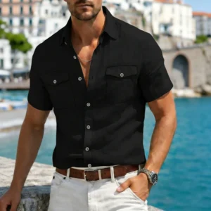 men's linen casual short sleeve shirt lapel collar button lightweight breathable summer daily beach vacation work shirt for men